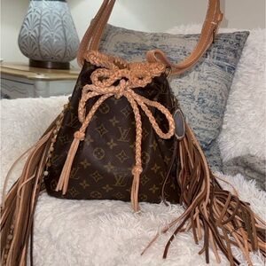 Vintage boho Louis Vuitton Brown and Tan Monogram Fringe Shoulder Bag